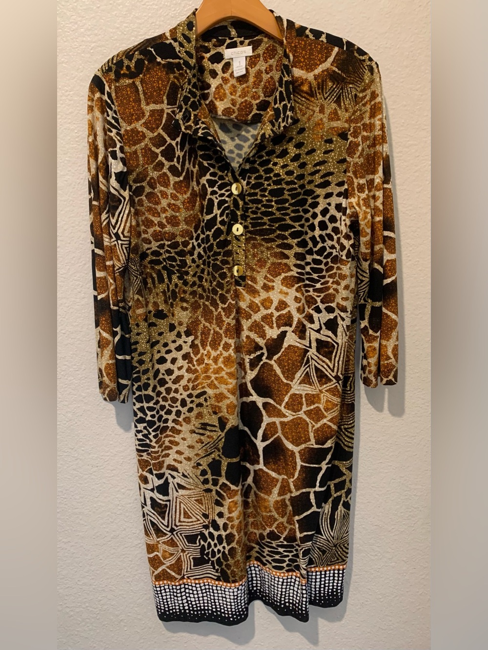 Chico's Brown, Black & Cream Animal-Print dress Button Front.